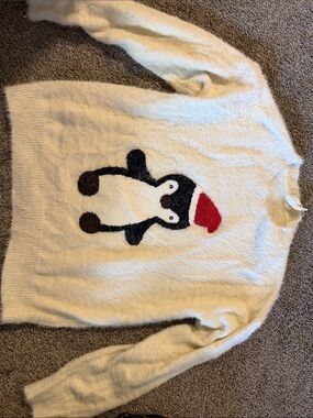 Cozy White Penguin Sweater with Red Hat